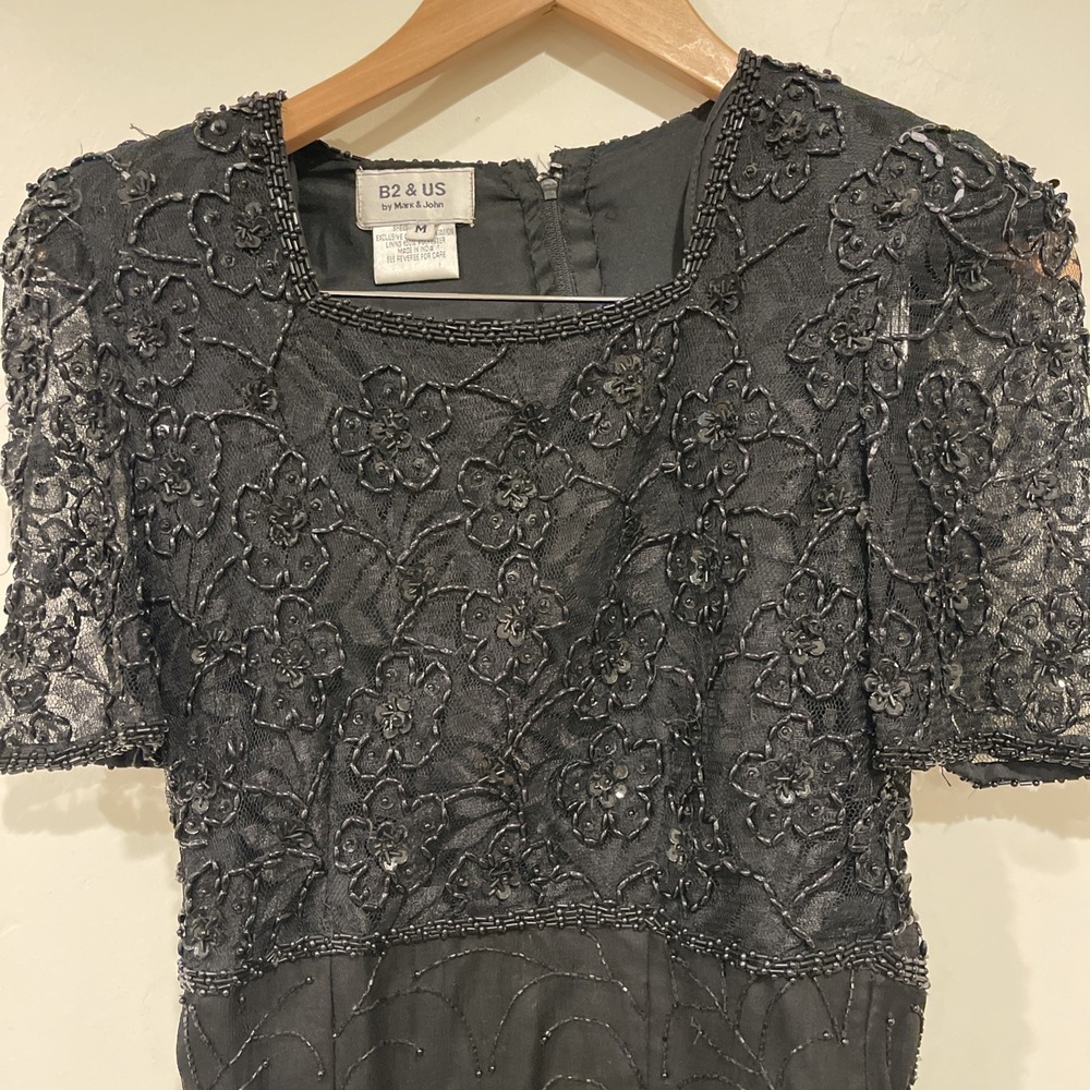 VTG B2 & US Beaded Silk Dress Sz M Black Sequin Cocktail‎ Glam Repair AS IS - Picture 3 of 12